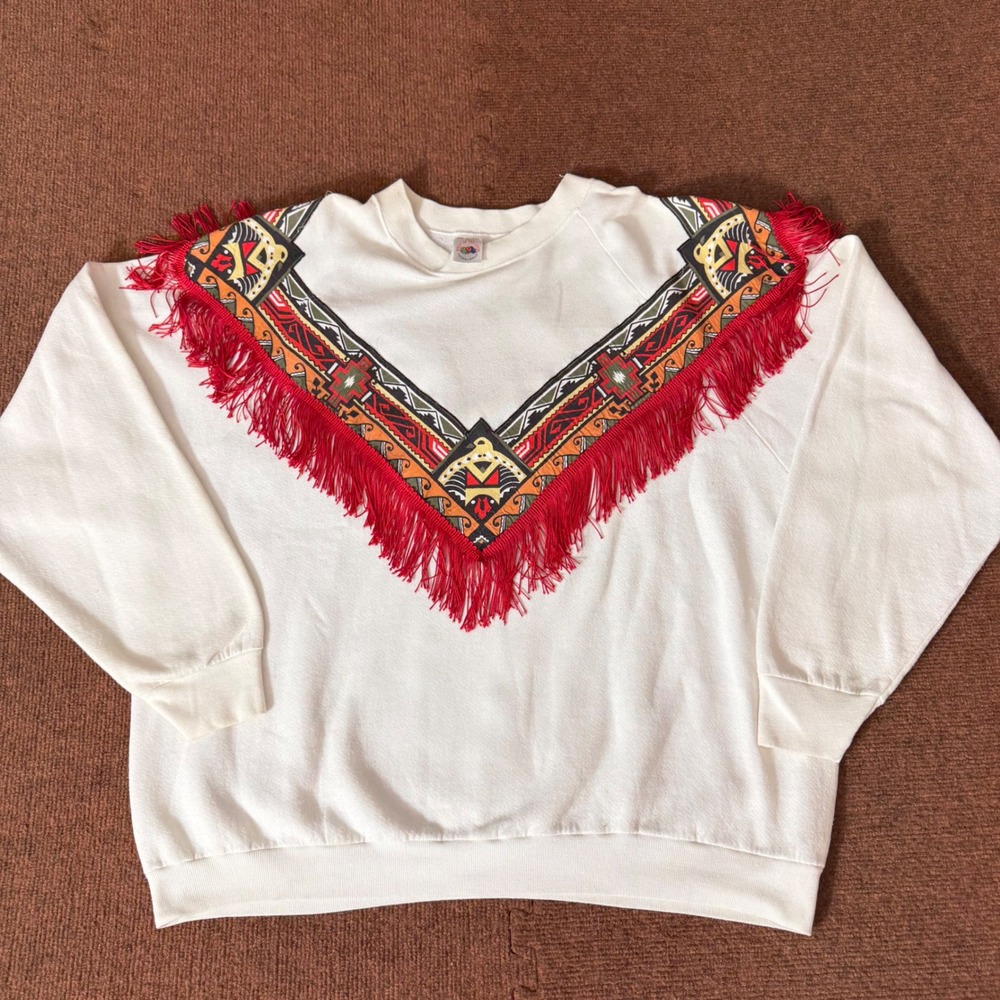 Vintage Fruit of the Loom Southwestern Fringe Sweatshirt‎ White XXL Made in USA
